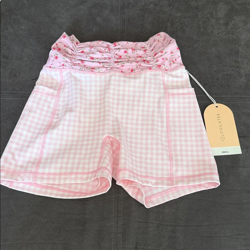 NWT Blogilates Women's Ruched Waist Bike Shorts & Top - Pink Gingham S - Picture 4 of 13
